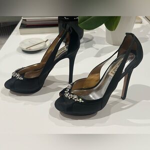 VINTAGE Badgley Mischka Foxy Pump Black Satin Crystal Stiletto Peep Toe Heel Y2K